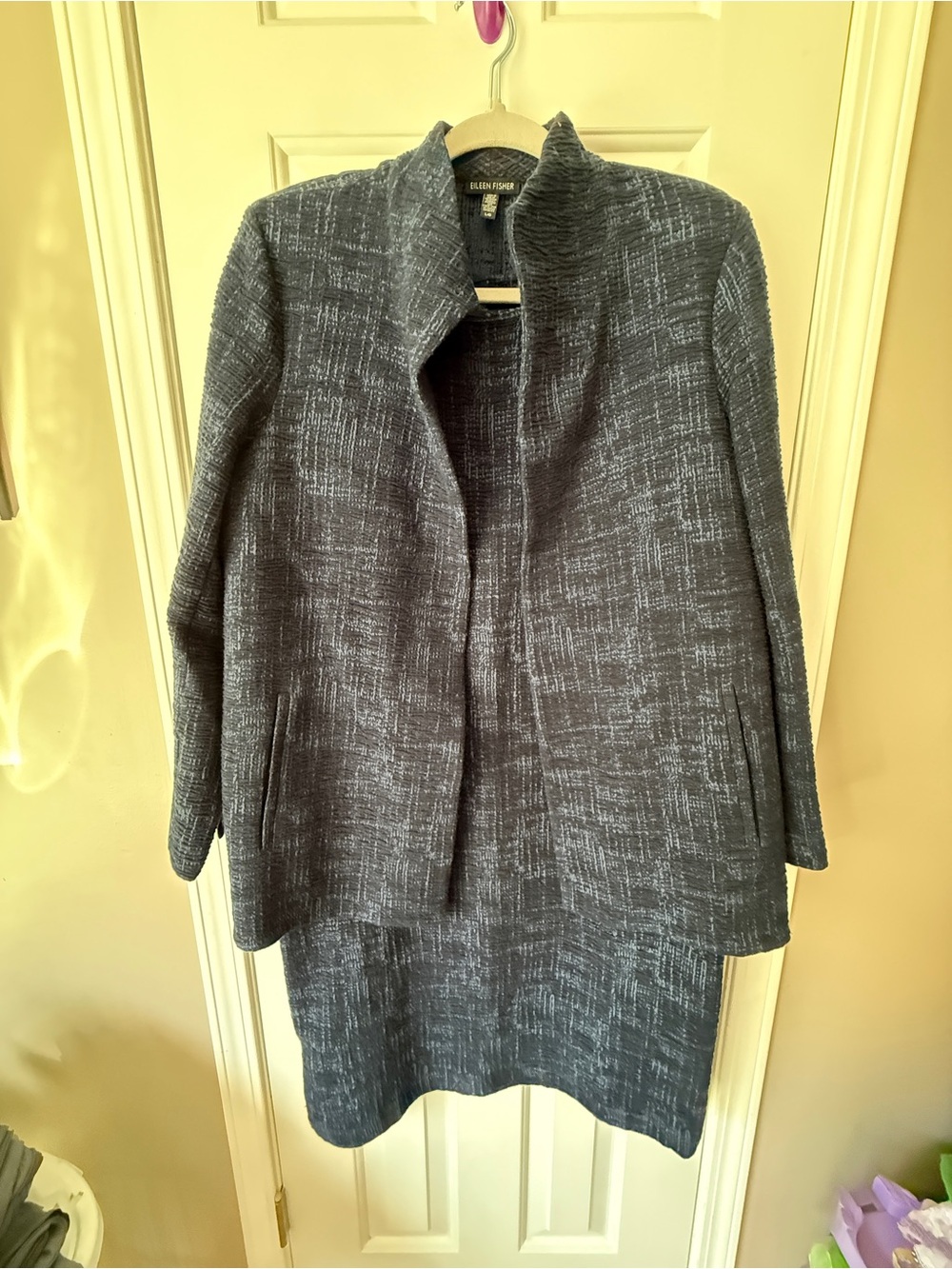 Eileen Fisher Charcoal Gray Tweed Open-Front Jacket with sheath dress